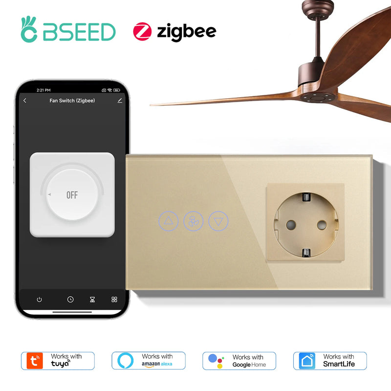BSEED Zigbee Fans Switches Smart Wall Touch  Speed Control Switch With EU Socket Support Tuya Smart Life Alexa Voice Control