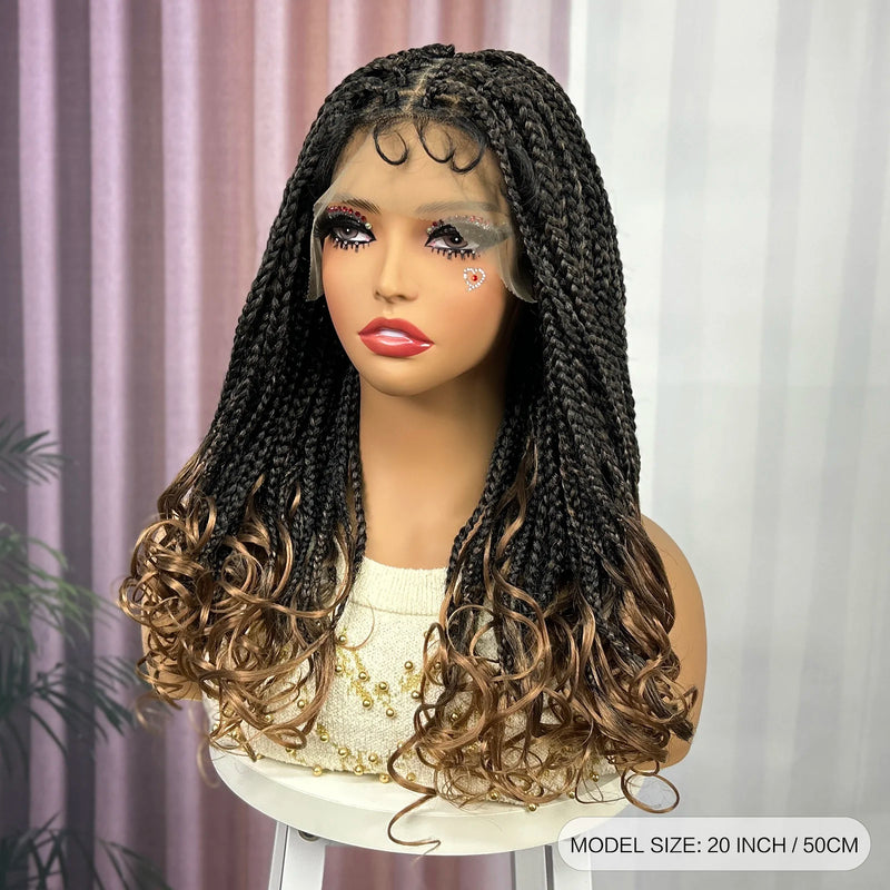 Knotless Box Braided Wig with Wavy Ends Synthetic Lace Frontal 1B-30 Dark Ombre Braided Lace Wig with Baby Hair for Black Women