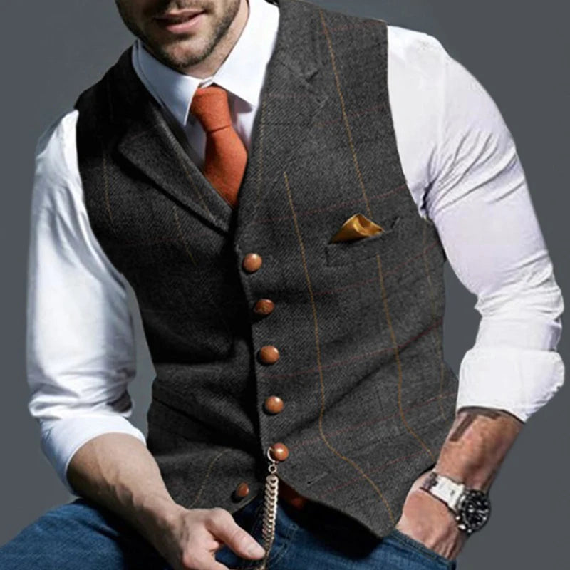 Fashion Men's Vests Lapel Tweed Plaid V-neck Waistcoat Slim Fit Vest Business Formal Dress Suit Casual Wedding Tuxedo Male Vest