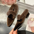 Women Luxury Velvet Mules Pointy Toe Slip-on Fur Sandals Ladies New Brand Design Outdoor Furry Slides Evening Party Heeled Shoes
