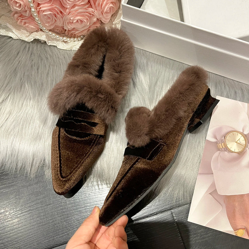 Women Luxury Velvet Mules Pointy Toe Slip-on Fur Sandals Ladies New Brand Design Outdoor Furry Slides Evening Party Heeled Shoes
