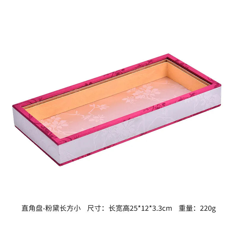 Luxury Chinese Vintage Silk Wooden Jewelry Box, Countertop Display Tray for Perfume Ring Bracelet, Velvet Gemstone Jade Storage