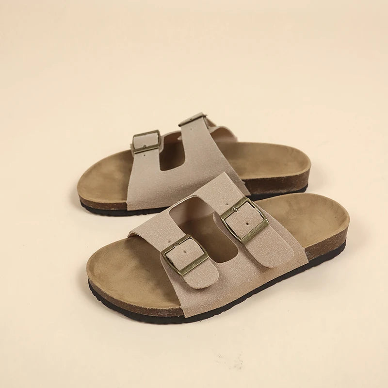 Women's Flat Outdoor Beach Casual Slippers Man Sliders Thick Sole Leather Cork Sole Sandals and Slippers