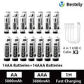 AA AAA Battery 1.5V 5800mAh and 3600mAh Lithium Rechargeable Batteries Fast Charging Li-ion Battery 2000 Cycles Type-C Cable