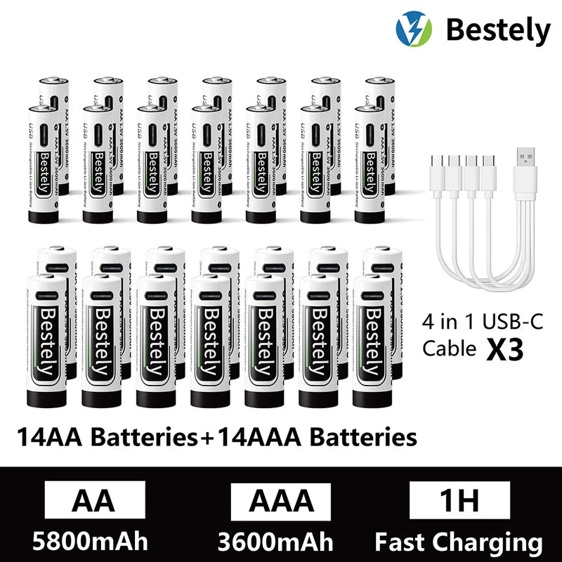 AA AAA Battery 1.5V 5800mAh and 3600mAh Lithium Rechargeable Batteries Fast Charging Li-ion Battery 2000 Cycles Type-C Cable