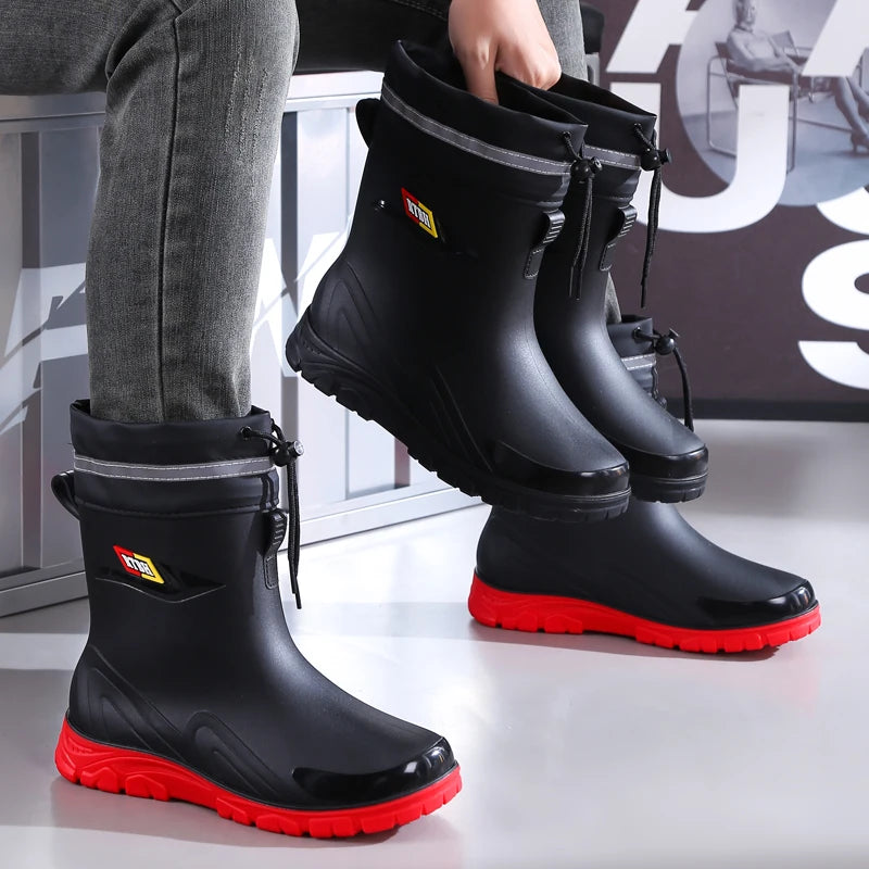 Outdoor Work British Style Anti Slip Waterproof Drawstring Drum Mouth Four Season Universal Men's Rain Boots