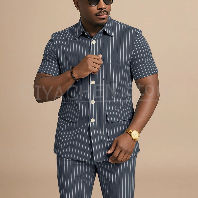 Navy Blue Striped Men Suits Chic Stand Collar Short Sleeves Wear Single Breasted Office Business Casual Male Suit 2 Piece