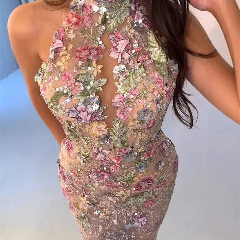 Lucy Tulle High Neck Champagne Mermaid Evening Dress Prom | SAMAG