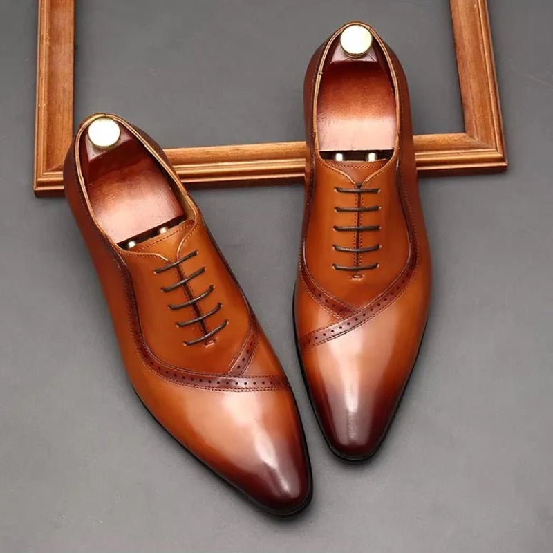 High Quality Cowhide Leather Dress Shoes For Men British Style Pointed Toe Lace-up Genuine Leather Oxford Formal Shoes