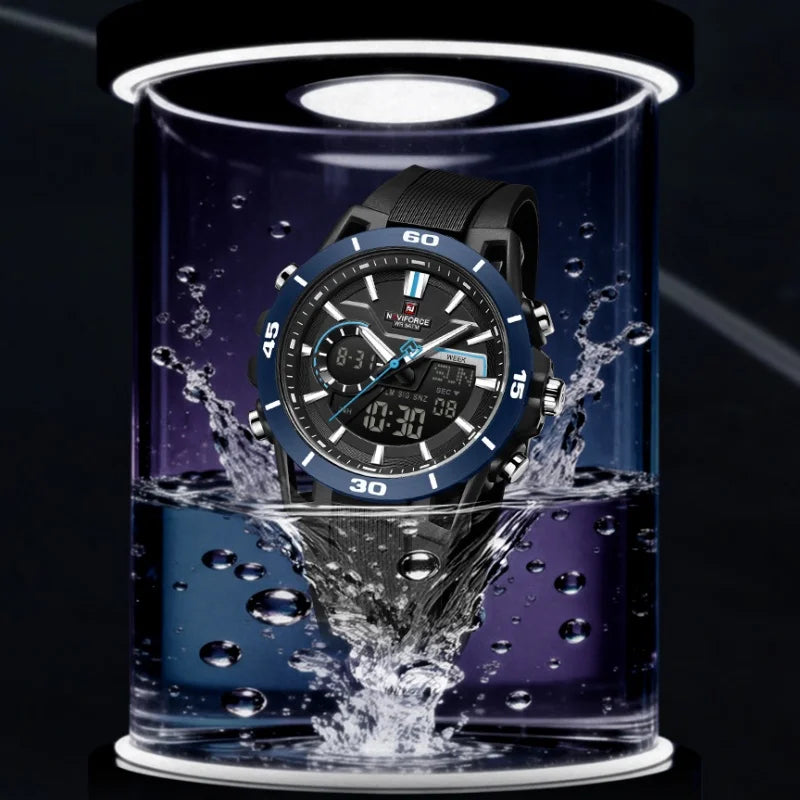 NAVIFORCE Men's Fashion Dual Display Watch 5ATM Waterproof Luminous Soft TPU Strap Male Sports Outdoor Daily Wristwatch Gift Box