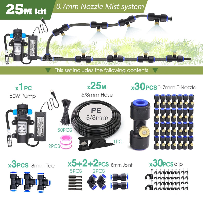 0.7MM Brass Nozzle 60W Self-Priming Pump Timing Misting Spray Kit for Garden Plants Farm Automatic Atomization Cooling System