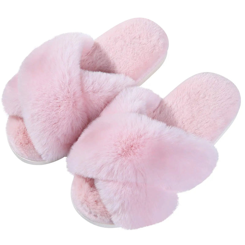 Shevalues Fashion Fluffy Home Slippers For Women Winter Indoor Open Toe Furry Cotton Shoes New Casual Furry Cozy Soft Slippers