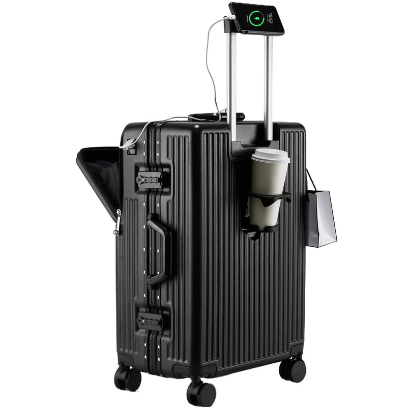 Aluminium Frame Suitcase Front Opening Cabin Luggage with USB Cup Holder Female Trolley Case Male Brake Wheel Travel Suitcase