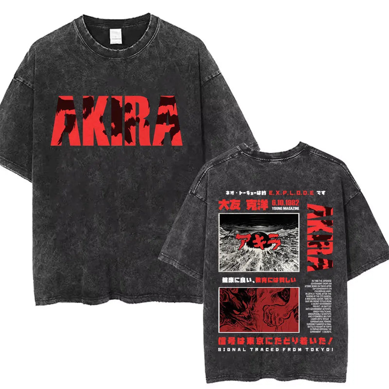 Washed Retro Japanese Anime Akira Print 100%Cotton Men Woment T-shirt Summer Autumn Daily Sports Party Casual Loose Short Sleeve
