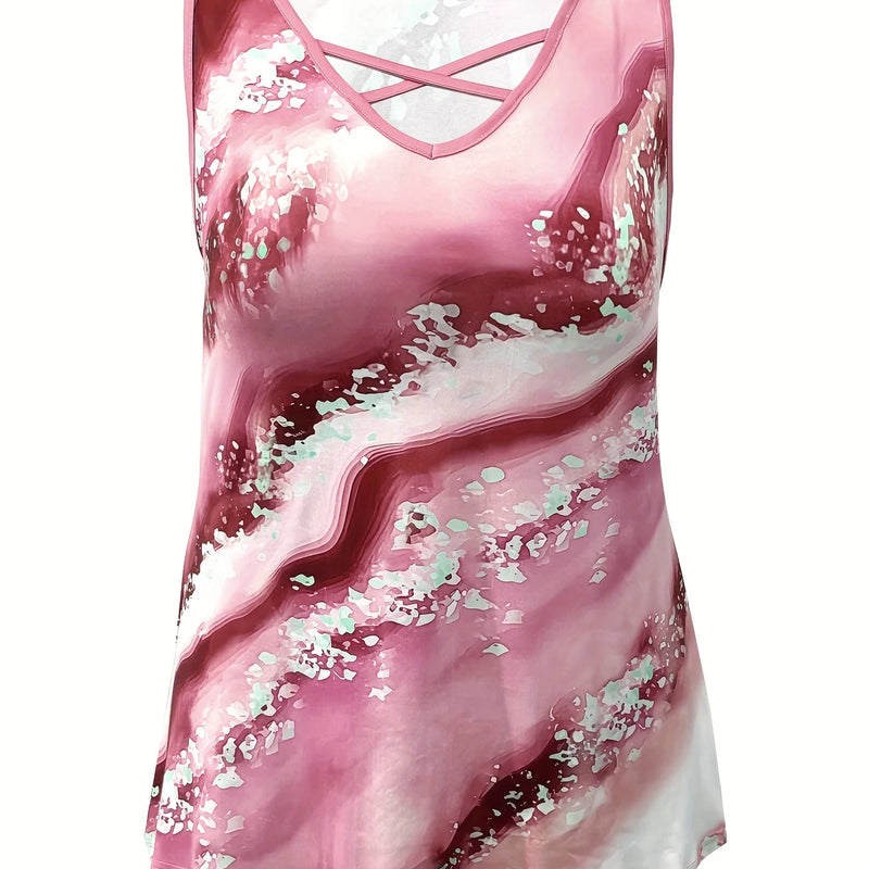 Plus Size Marble Print Tank Top Casual Criss Cross Sleeveless V Neck Top For Summer & Spring Women's Plus Size Clothing