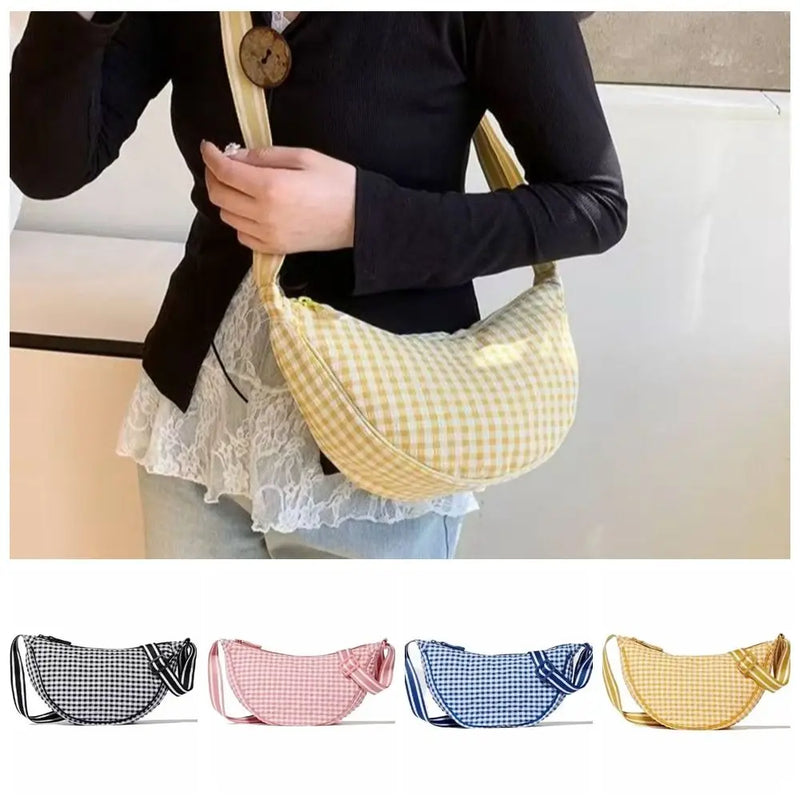 Fashion Canvas Plaid Hobos Crossbody Bag for Women Shoulder Bag Half Moon Chest Bags Tote Lady Travel Shopper Bag Female Purses