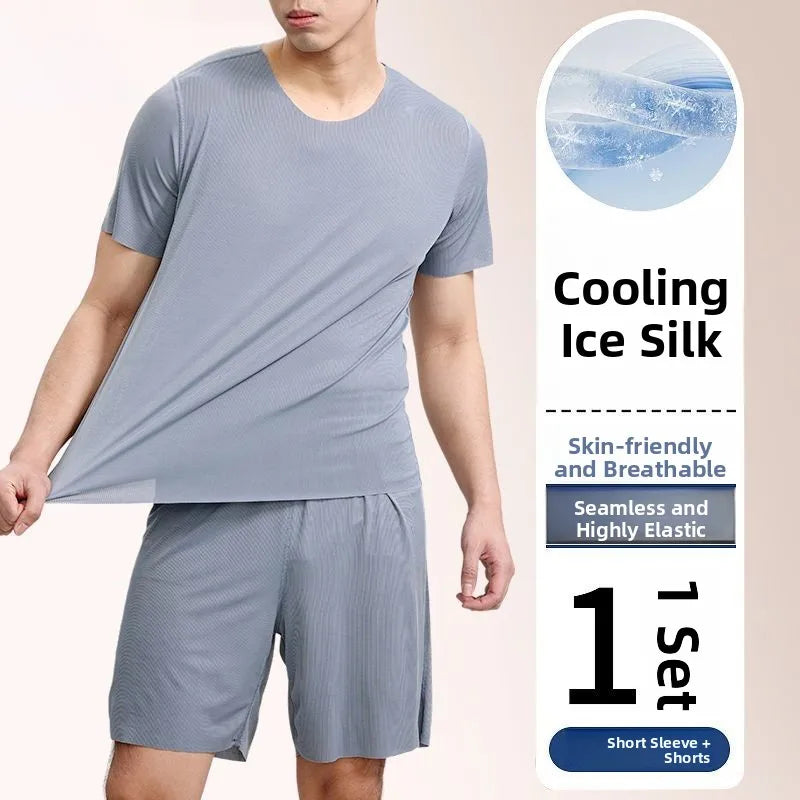 Ice Silk Sleepwear Set round Neck Short Sleeve Casual Lightweight Men's Home Clothes Comfortable Underwear for Youth in Summer