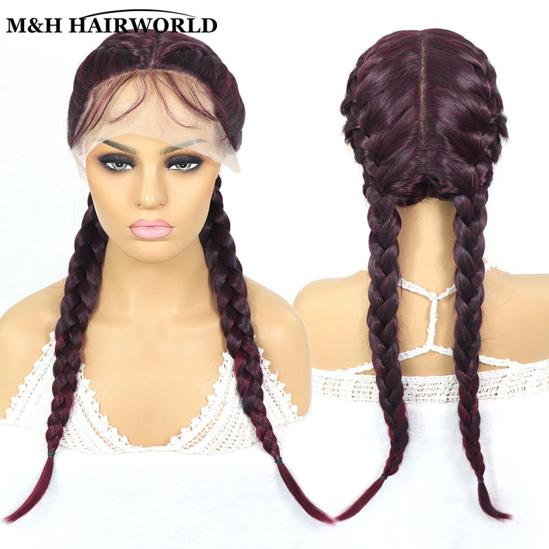 Half Red Half Black Colored Lace Front Braided Wigs For Women 26 Inch Long Synthetic Double Dutch Box Braids Wig With Baby Hair