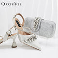 Queena Yan New Arrival Fashionable Olive Color Diamond Decorative Party Wedding Pointed Toe Women's High Heels and Bag Set