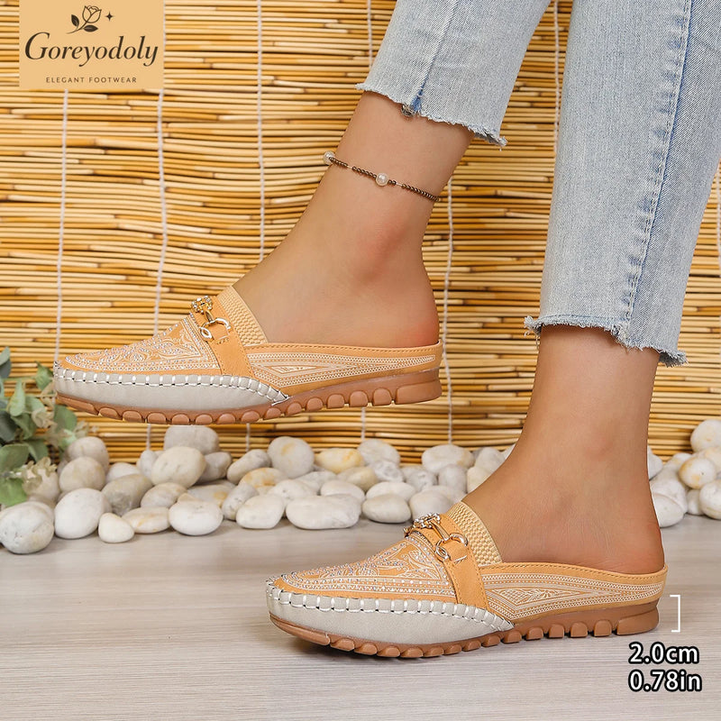 Goreyodoly women mule flats rhinestone cutout shoes chain detail elastic slip on wide fit lightweight soft sole comfort shoes