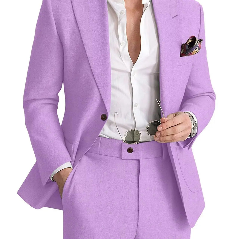 Mens Linen Suit 2 Piece Casual Suits for Men Summer Beach Groom Wedding Suit Linen Blazer Pants Set