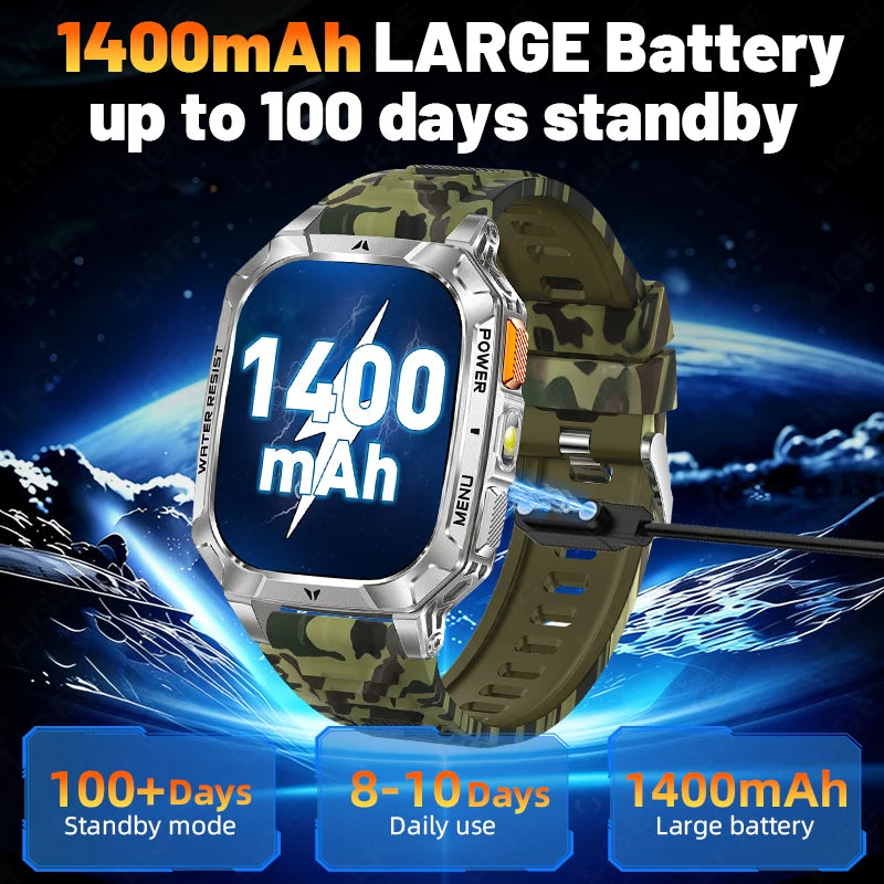 LIGE Militray 1400mAh Large Battery Smart Watch Men 2.01"HD Screen LED Flashlight & SOS Light BT Call Health Monitor Smartwatch