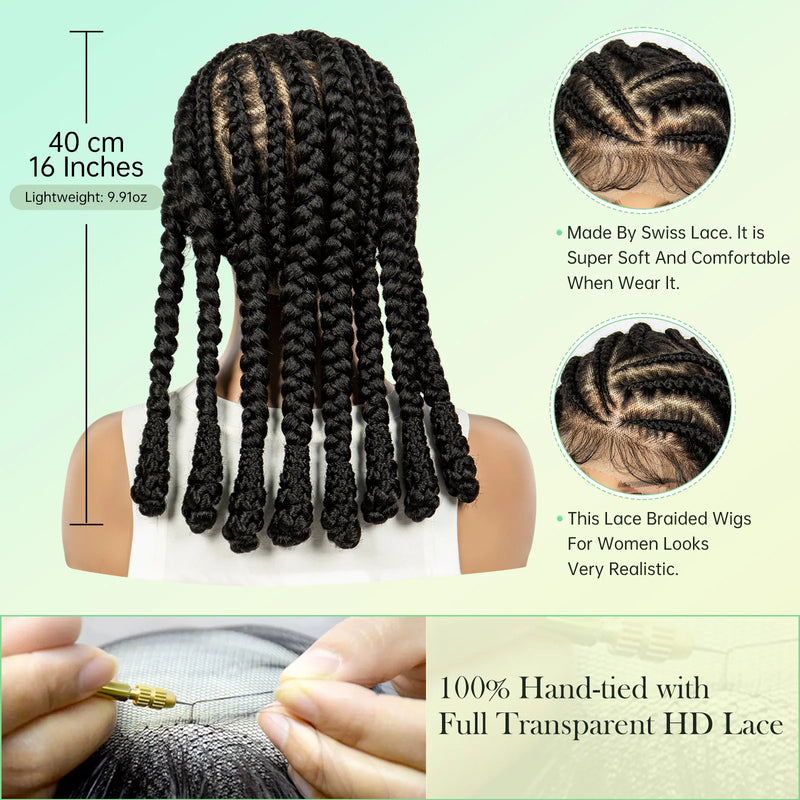 16inch Cornrow Braided Wig Knotless Lace Frontal Braids Wig Synthetic Full Lace Braided Wigs with Baby Hair for Black Women