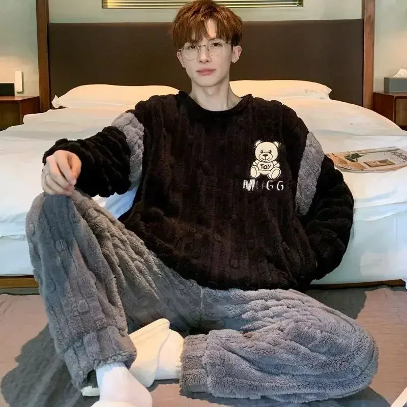 2025 New Autumn and Winter Loungewear Coral Fleece Pajamas Men Plus-size Long-sleeved Sleepwear Suit Thickened Plush Homewear