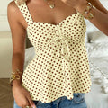 Women's New Marigold Yellow & Brown Polka Dot Cami Top, Ruffle Bow Tie Tank Top with Wide Straps, Suitable for Dating, Vacation,