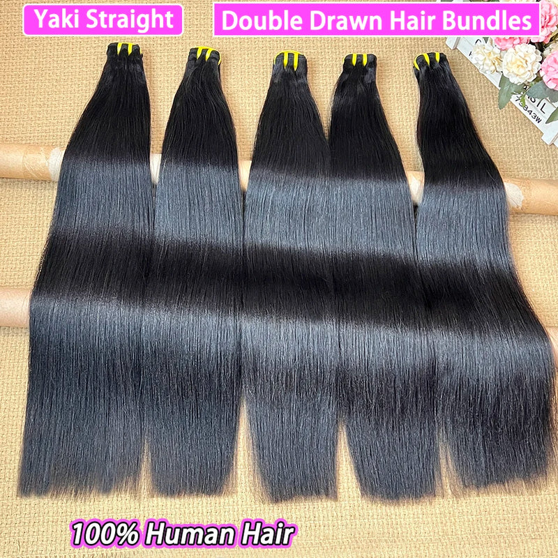 Double Drawn Yaki Straight Human Hair Bundles #1B Natural Black Color 1 2 3 4 Pcs 100% Raw Virgin Human Hair Weave Extensions