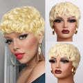 613 Honey Blonde Curly Pixie Cut Wig 100% Human Hair with Bangs Short Curly Human Hair Wigs for Women Machine Made