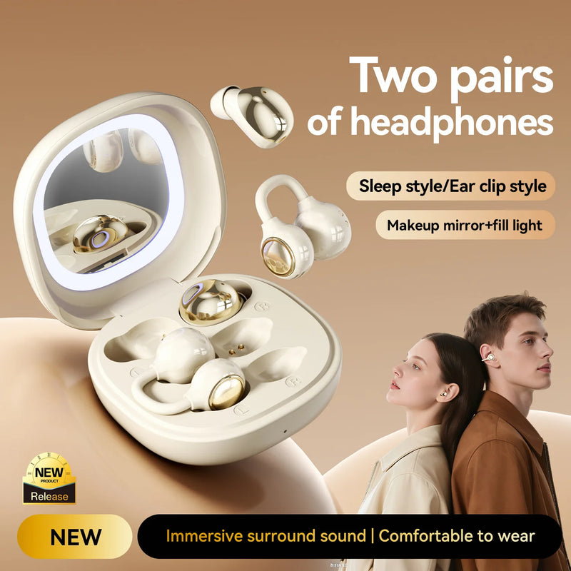 Bluetooth Headphones with Makeup Mirror Case, 48H Audífonos AI Noise Reduction, Open-Ear Earphones for Sports & Sleep