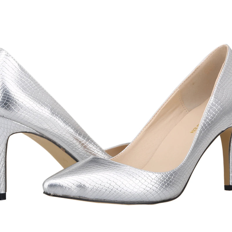 Women Shoes Fashion 8cm Sexy Crocodile Pattern Pointed Toe High Heels Pumps Office Med Heels Gold Silver Wedding Shoes Plus Size
