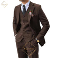 Premium Men's Suits 3 Piece Jacket Vest Pants Brown Wedding Tweed Herringbone Retro Vintage Tailored Fit Single Breasted Tuxedo