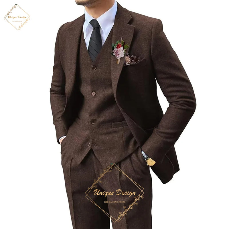 Premium Men's Suits 3 Piece Jacket Vest Pants Brown Wedding Tweed Herringbone Retro Vintage Tailored Fit Single Breasted Tuxedo