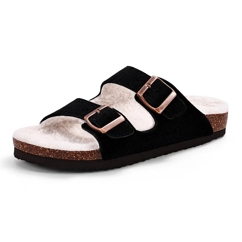 Kidmi Winter Casual Mules For Women and Men New Clogs Slippers With Adjustable Buckle Cow Suede Cork Insole Cozy Women's Sandals