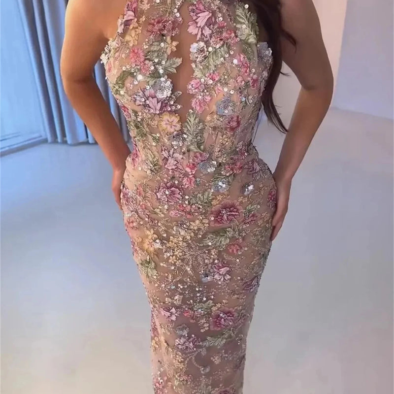 Lucy Tulle High Neck Champagne Mermaid Evening Dress Prom | SAMAG