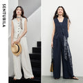 SENTUBILA Office 2 Piece Pant Set 2026 Women Linen Blend Summer Suit V Neck Waistcoat Wide Leg Baggy Pant Print Scarf 162ZA5663Z