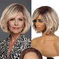 Blonde Brown Short Remy Human Hair HD Lace Front Wigs with Dark Roots Bob Natural Layered Lace Frontal Wig with Bangs for Women
