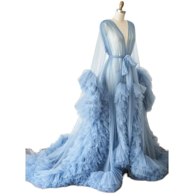 Women's Dressing Gown Perspective Sheer Long Tulle Robe Puffy Pregnancy Maternity Dress for Baby Shower Nightgown Sleepwear