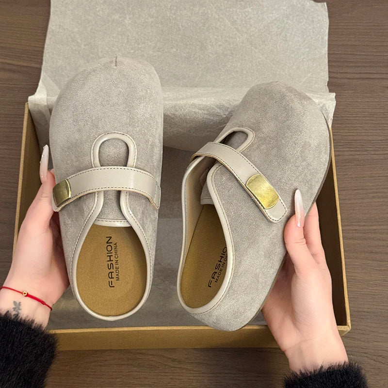 Women Lady Suede Flat Clogs Mules Slides with Gold Buckle Closed Toe Slip on Shoes Casual Fashion Footwear Slippers Shoes Woman