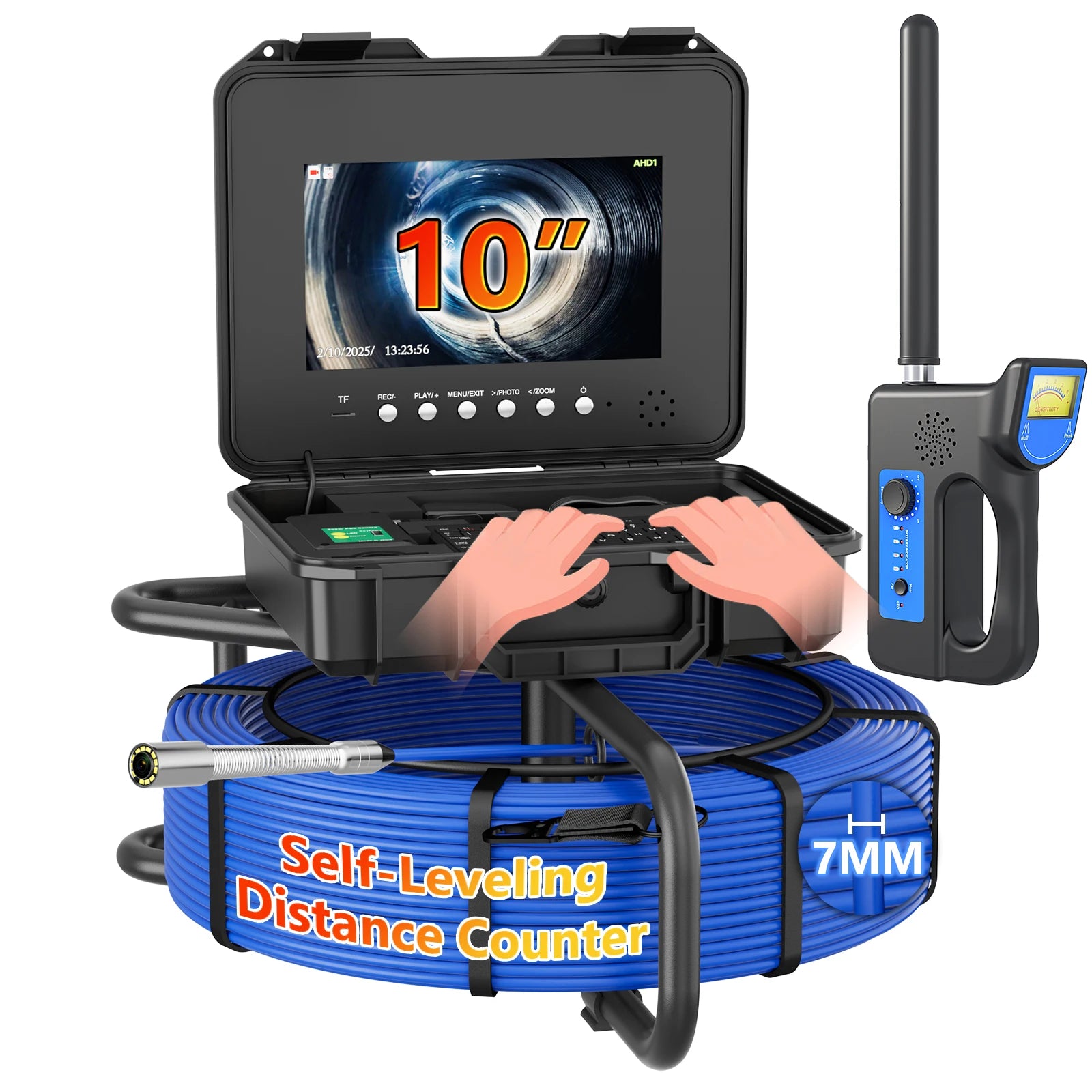 10.1inch IPS Sewer Pipe Inspection Camera with 512hz Locator Meter Counter DVR  7mm Cable Auto Self-Leveling  AHD 1080P Borescop