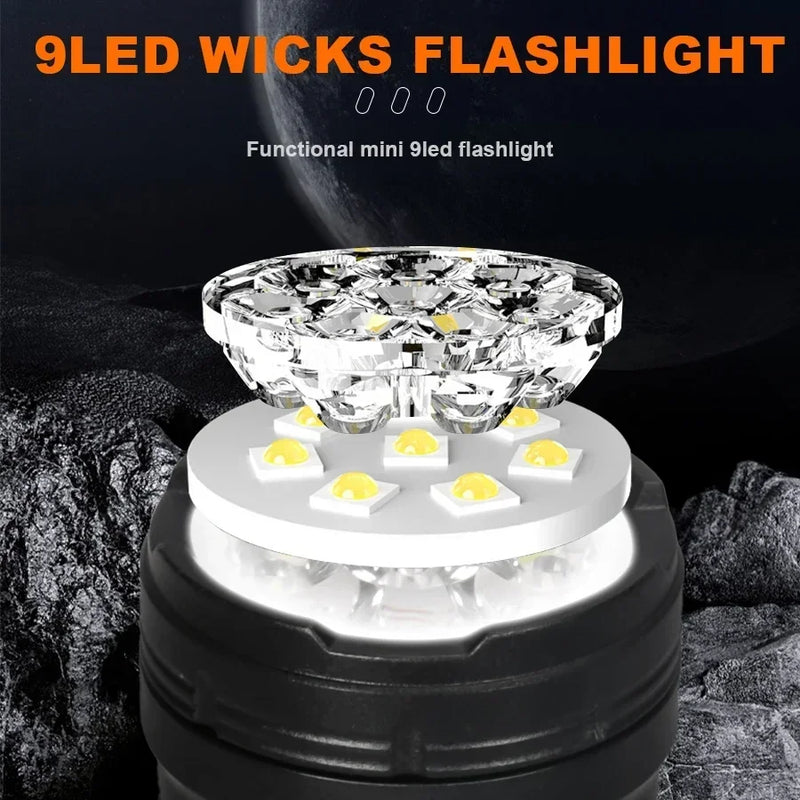 Mini Flashlight 9 LED Strong Light Lantern Long Range Rechargeable Pocket Lamp Outdoor Portable Camping Hiking Light