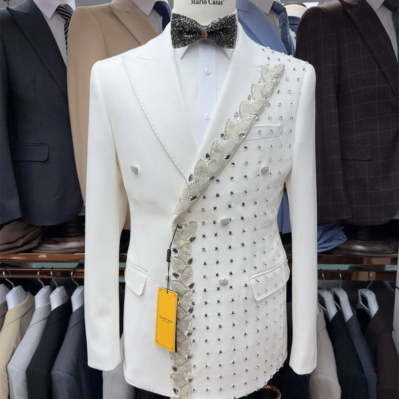 Two Pieces Formal Blazer Pants Set, Crystals Beaded Party Tuxedos Beaded Wedding Groom Suit Set, Luxurious Men's Formal Suit