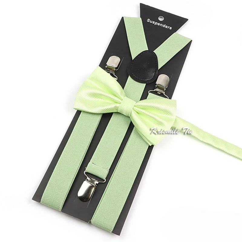 Novalty Sage Green Suspender Bowtie Set For Men Women Kids Romatic Wedding Party Elastic Y-back Straps Pants Shirt Accessory