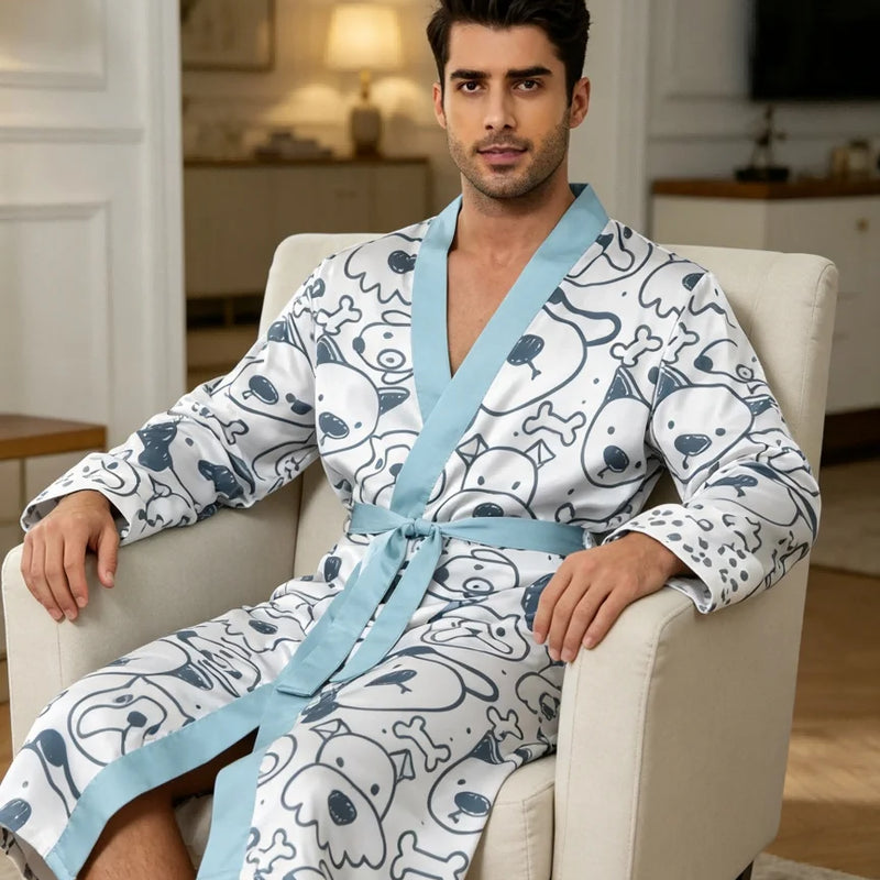 Men's lightweight quick-drying pajama bathrobe - 3D digital printing, non-fading design, stand-up collar and adjustable waistban