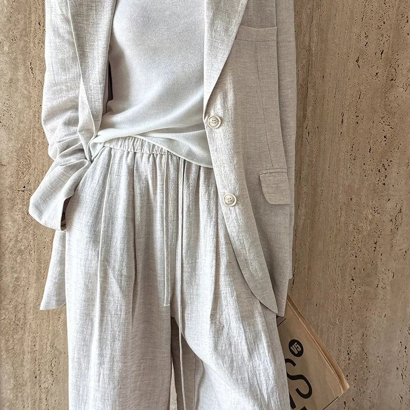 Autumn Hig-end Linen Material Blazer Jacket Sets Women 2025 Summer New Loose Wide Leg Casual Pant Ladies Clothing Office Lady