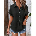 Women Casual Cotton Blouse Vintage Summer Short Sleeve Slim Shirt Elegant Turn Down Collar Solid Tunics Harajuku Streetwear Tops