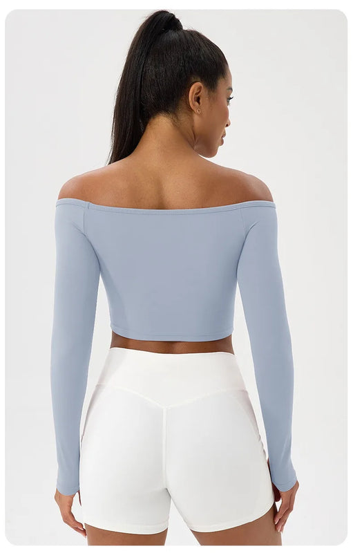 Long Sleeve Yoga T-Shirt for Women, Off Shoulder, Sexy Tight Gym Workout Top, Naked Feeling, Quick Dry Sports Activewear