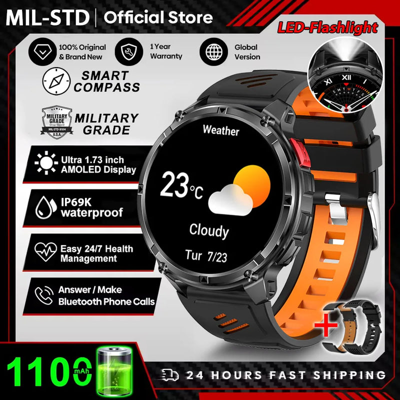 2026 New 1100mah AMOLED Smart Watch Men 170+Sport Fitness LED Flashlight IP69 Waterproof Bluetooth call GPS track Smartwatch iOS